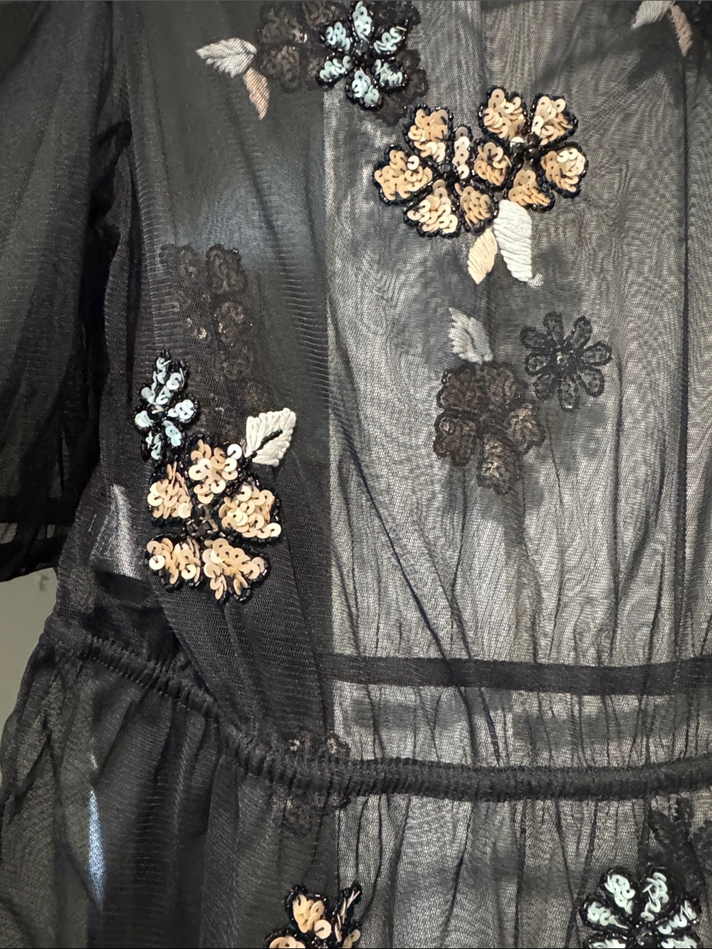 Anthropologie Black Sheer Mesh Floral Appliqué Peplum Blouse - Picture 3 of 5